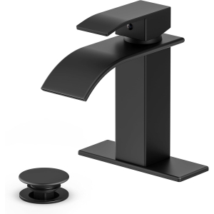 Ryuwanku Matte Black Modern Waterfall Bathroom Sink Faucet with Deck Plate