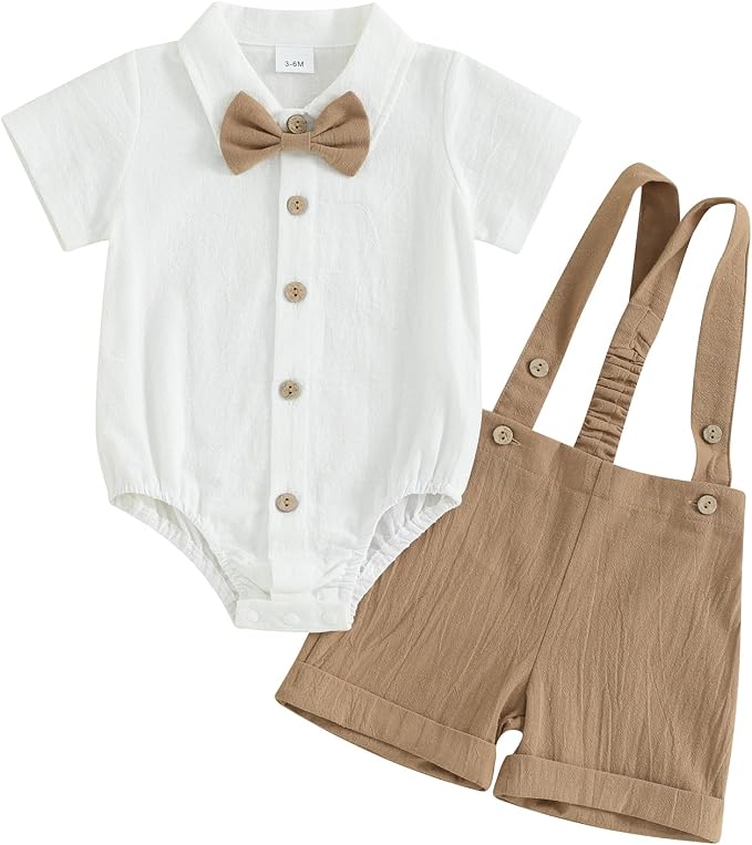 Premium Infant Baby Boy 2-Piece Gentleman Suit – Short Sleeve Bow Tie Shirt Romper & Adjustable Suspender Shorts Set