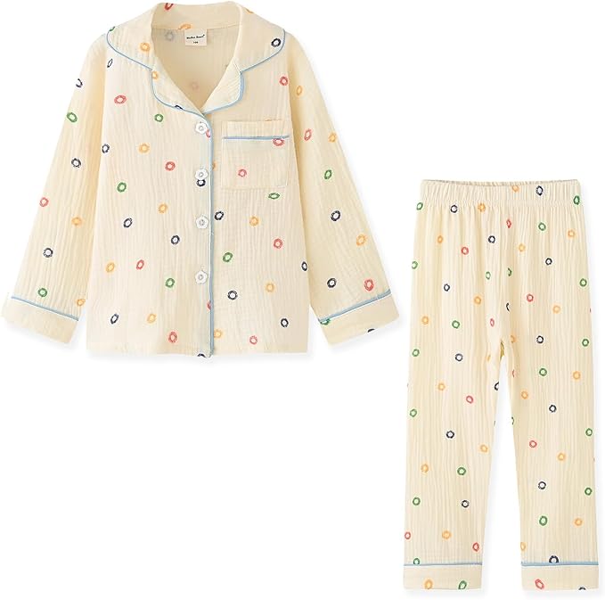 ACESTAR Premium Kids Dual Muslin Pajama Set – 100% Breathable Cotton Long Sleeve Button-Up Top & Pants Loungewear Suite for Ages 2-8