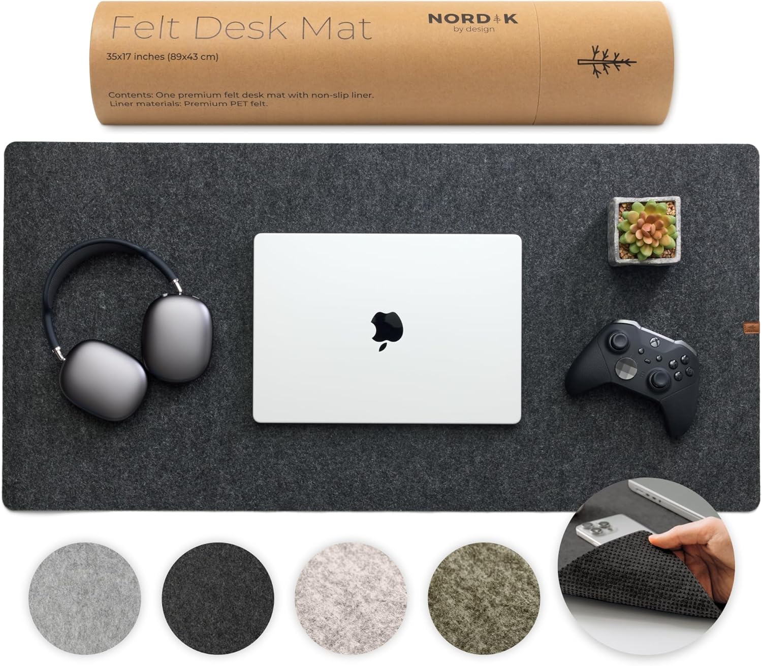 Nordik By Design 35" x 17" Premium Felt Wool Large Desk Pad Organizer Mat in Charcoal