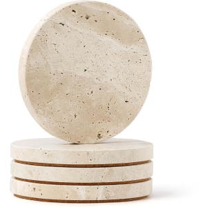 WORHE 100% Natural Turkish Travertine Stone Coasters – Premium 4-Inch Round Tabletop Protection Set (BD140)