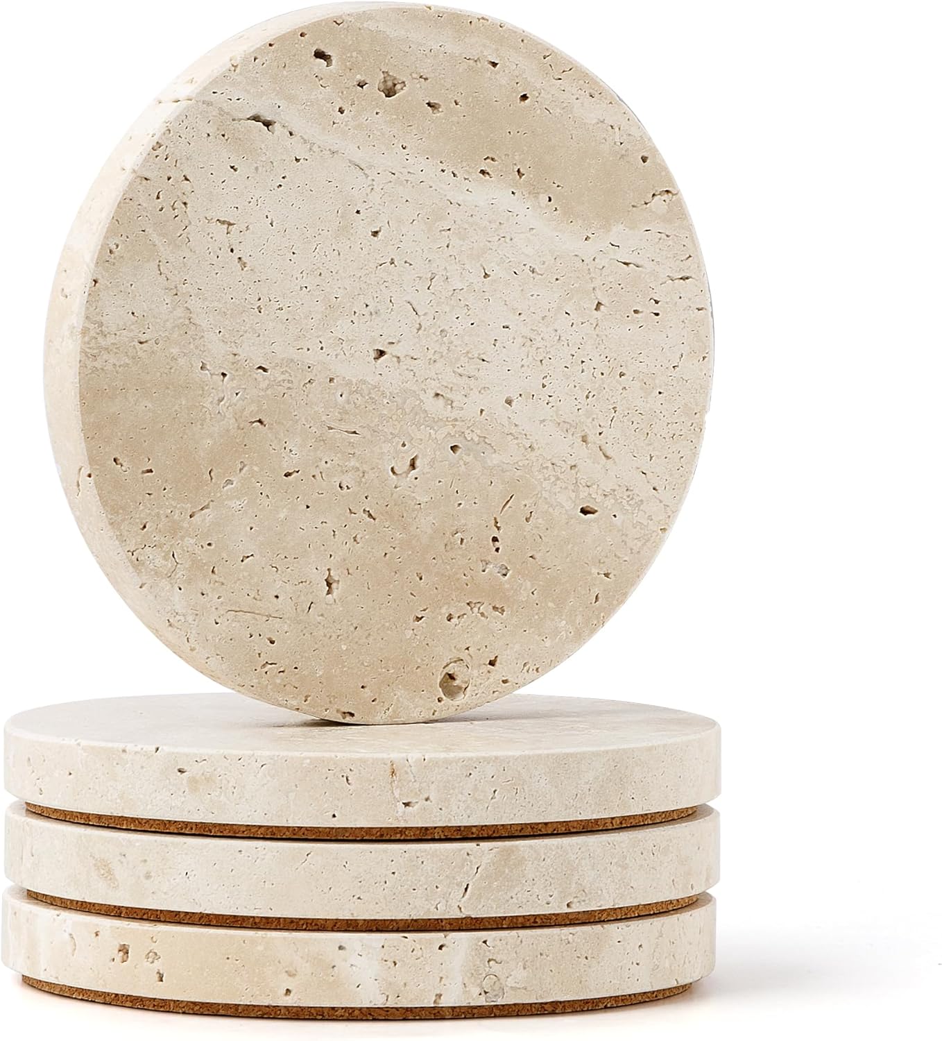 WORHE 100% Natural Turkish Travertine Stone Coasters – Premium 4-Inch Round Tabletop Protection Set (BD140)