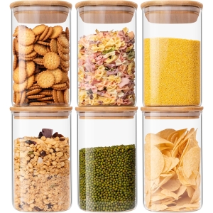 Liuruiyu 37oz Airtight Square Glass Storage Jars – Set of 6 Modular Pantry Organizers with Bamboo Lids