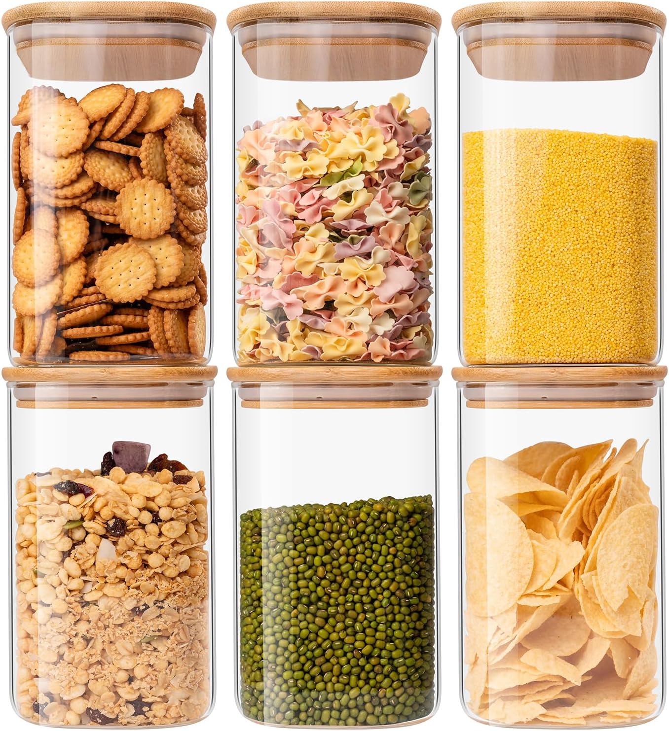 Liuruiyu 37oz Airtight Square Glass Storage Jars – Set of 6 Modular Pantry Organizers with Bamboo Lids
