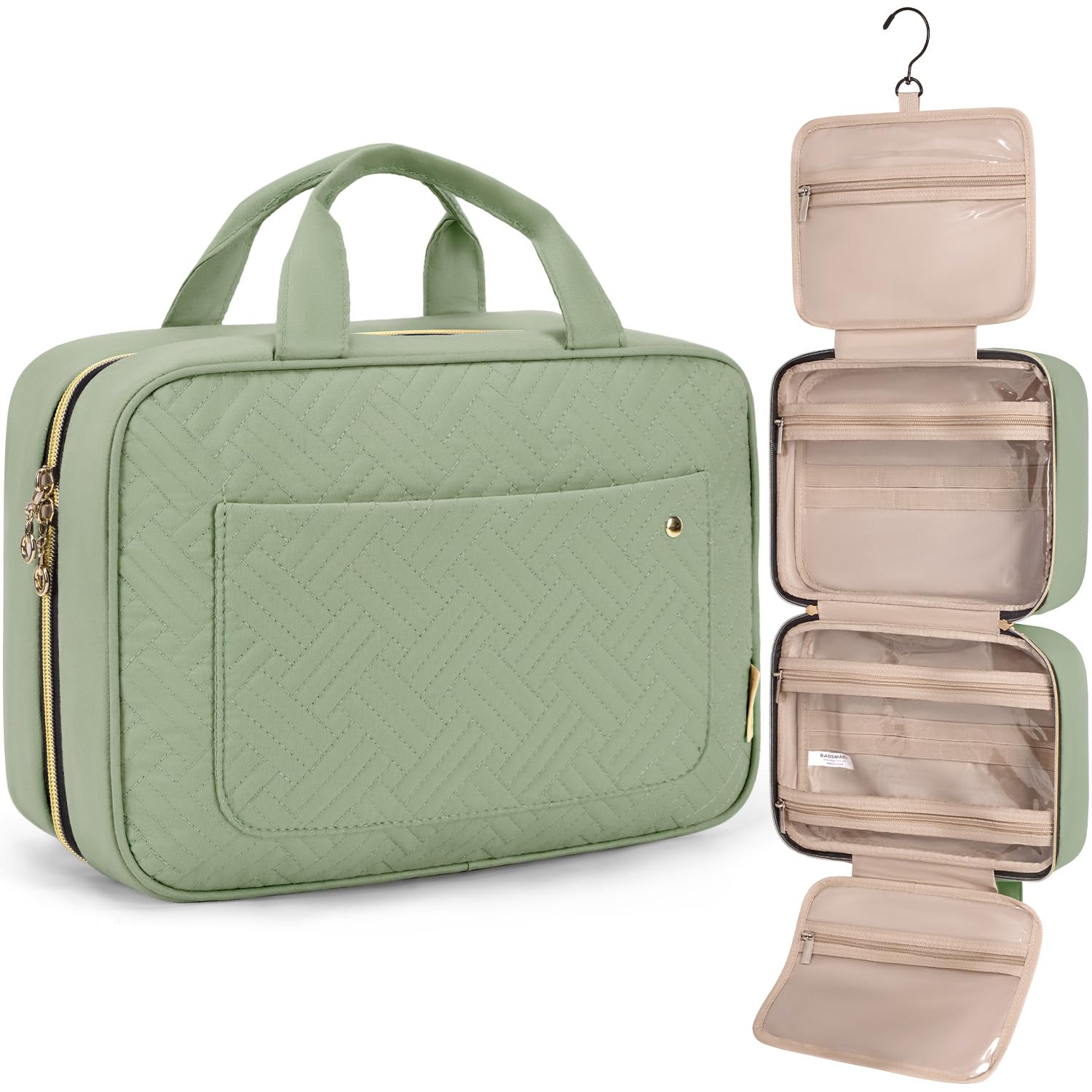 BAGSMART Pro Hanging Toiletry Organizer – Water-Resistant Large Cosmetic Bag with 360° Swivel Hook & Upright Bottle Matrix (Green, Large)