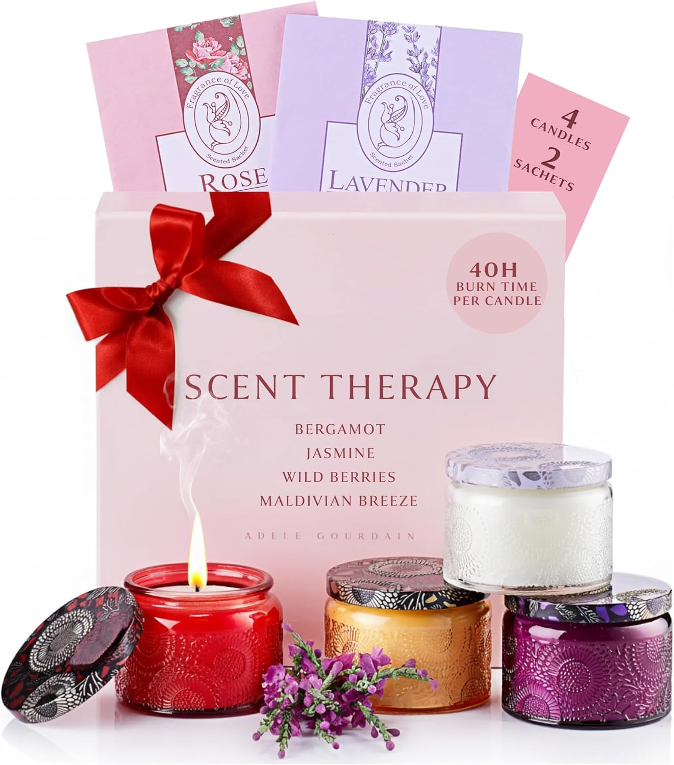 Adelegourdain 6-Piece Aromatherapy Scented Candle Gift Set – 4x Soy Wax Jars & 2x Wardrobe Fragrance Packets with Premium Gift Box