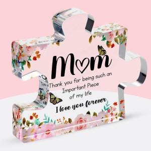 Premium Thick Acrylic Puzzle Piece Keepsake for Mom – Freestanding 3D Engraved Decorative Display with Velvet Gift Bag