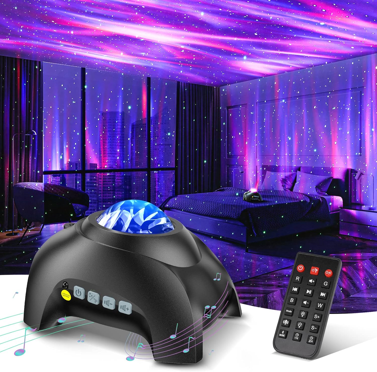 Northern Galaxy Aurora Light Projector – Upgraded 3-in-1 LED Starry Night Light, Bluetooth Speaker & 8 White Noise Machine (Elephant Edition, Black)