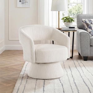 Lexicon Modern Corduroy Swivel Barrel Chair – 360° Rotating Ergonomic Open-Back Accent Chair with 300 lbs Capacity (Beige)