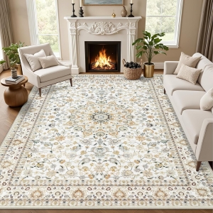Vintage Washable 5x7 Area Rug – Beige Boho Stain-Resistant Indoor Floor Carpet with Secure Non-Slip Rubber Backing
