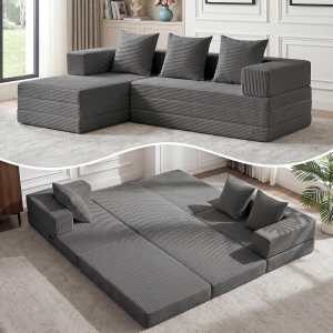79" Convertible Modular Sectional Sofa – Boneless Tri-Folding Cloud Couch & Sleeper Bed with Corduroy Fabric (Grey)