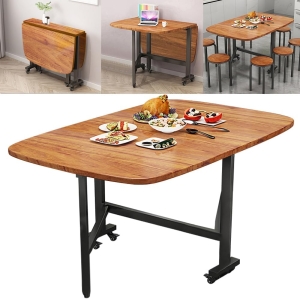 47" Convertible Drop Leaf Dining Table – Multi-Functional Wooden Foldable Kitchen Workstation with 3 Folding Modes & 6 Locking Wheels (Brown)