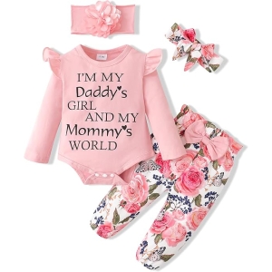 Premium Infant Baby Girl 4-Piece Outfit Set – Ruffle Sleeve Letter-Print Romper, Floral Trousers & Dual Matching Headbands