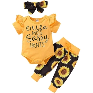 Yvowming Premium Infant Baby Girl 3-Piece Outfit Set – Ruffled Layered Short Sleeve Romper, Vintage Floral Pants & Matching Headband