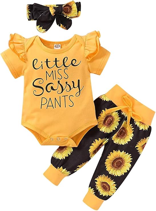 Yvowming Premium Infant Baby Girl 3-Piece Outfit Set – Ruffled Layered Short Sleeve Romper, Vintage Floral Pants & Matching Headband